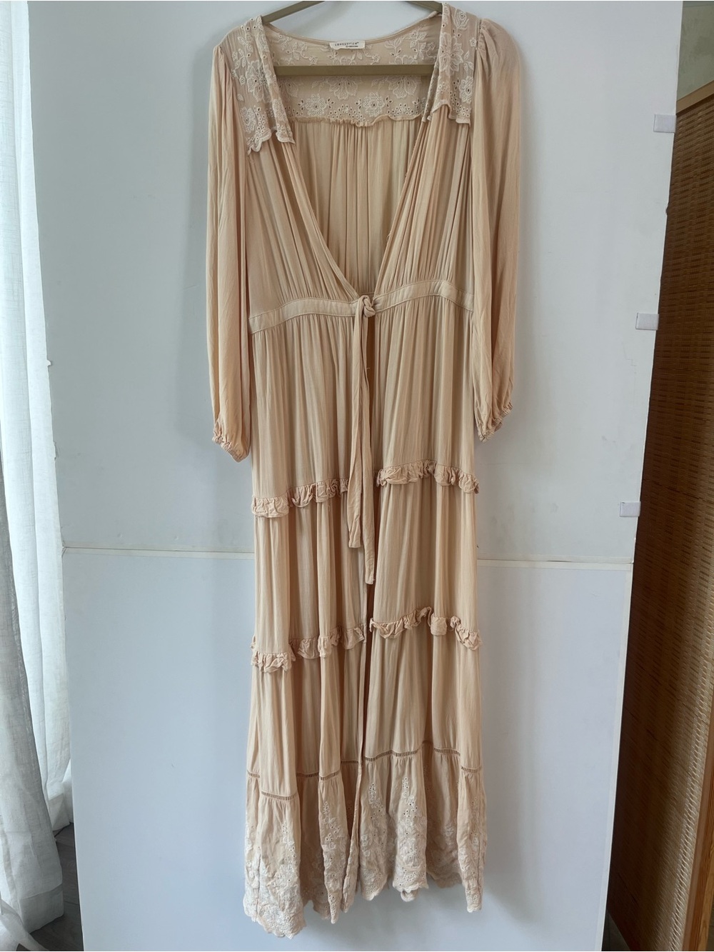 Bohemian Cream Lace-Trim Maxi Dress